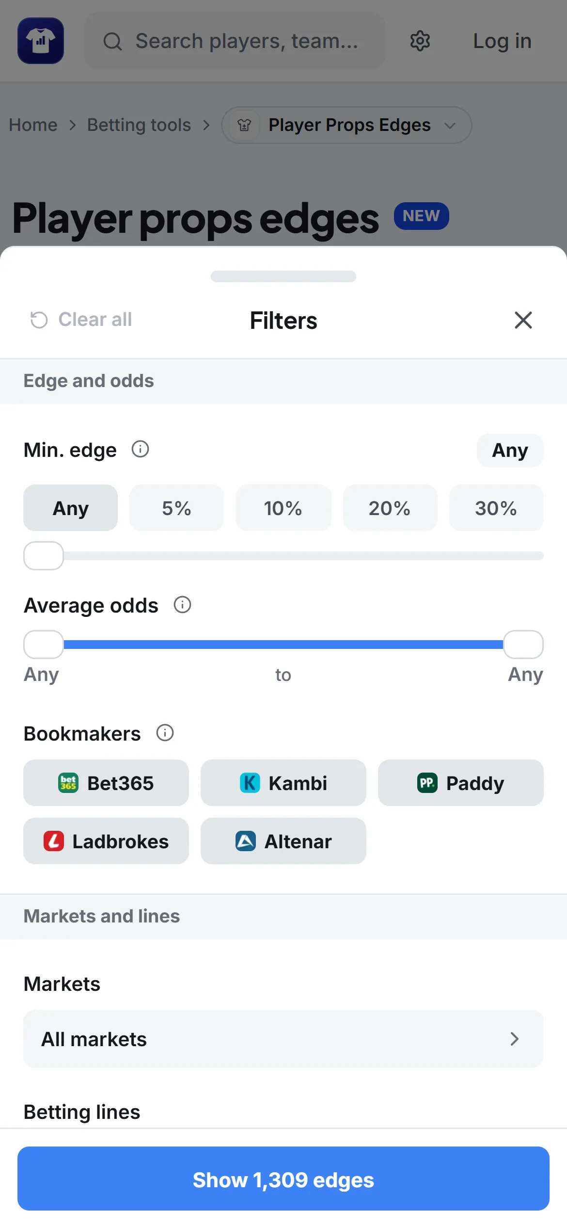 Odds Outliers filters drawer on a phone with the Edge and odds section, bookmaker buttons, markets and betting lines, and a Show edges button
